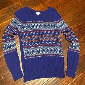 Merona indigo Fair Isle sweater with pattern across the chest and arms sz med
